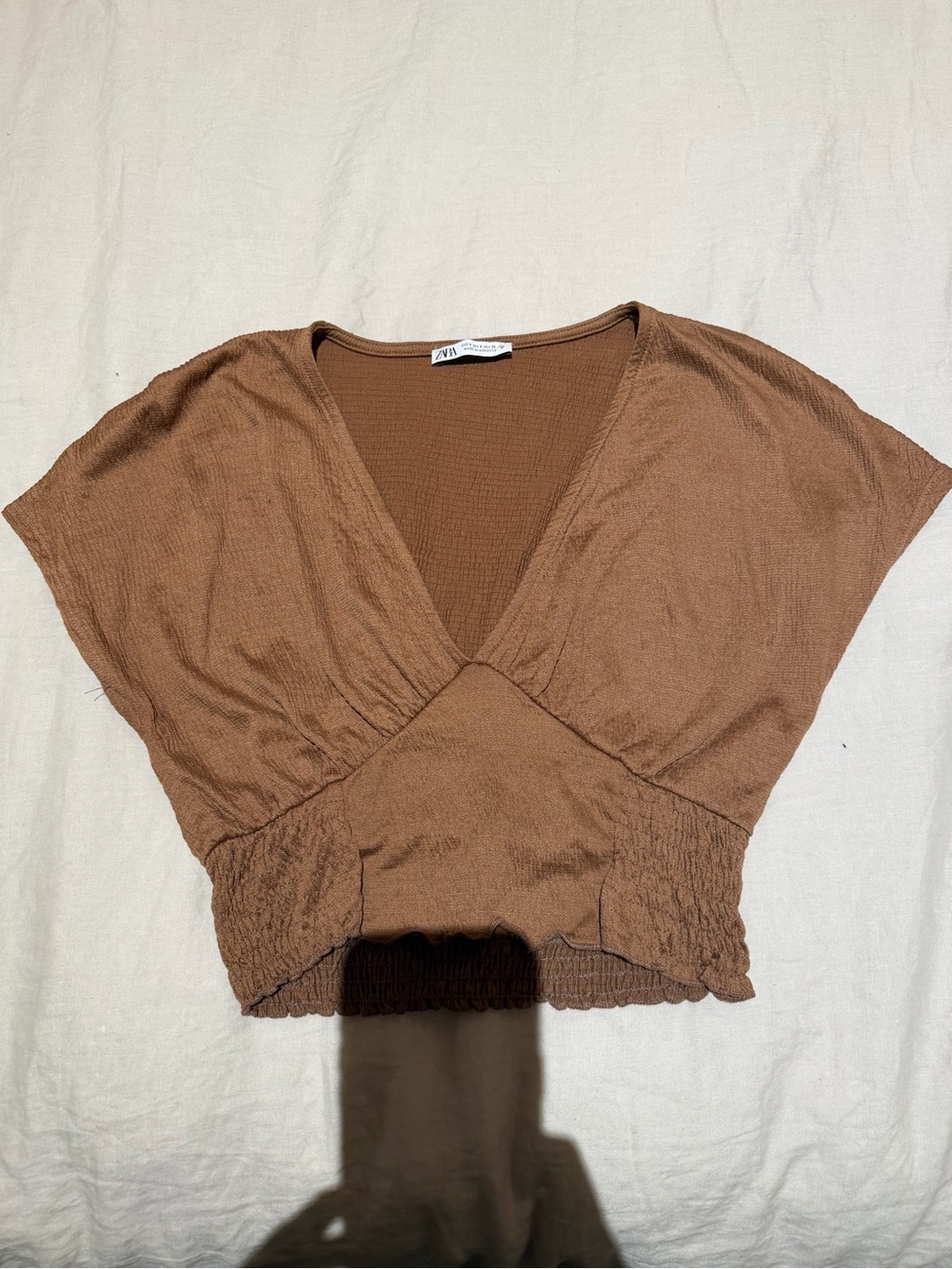 Zara Cropped V-Neck Knit Top in Brown